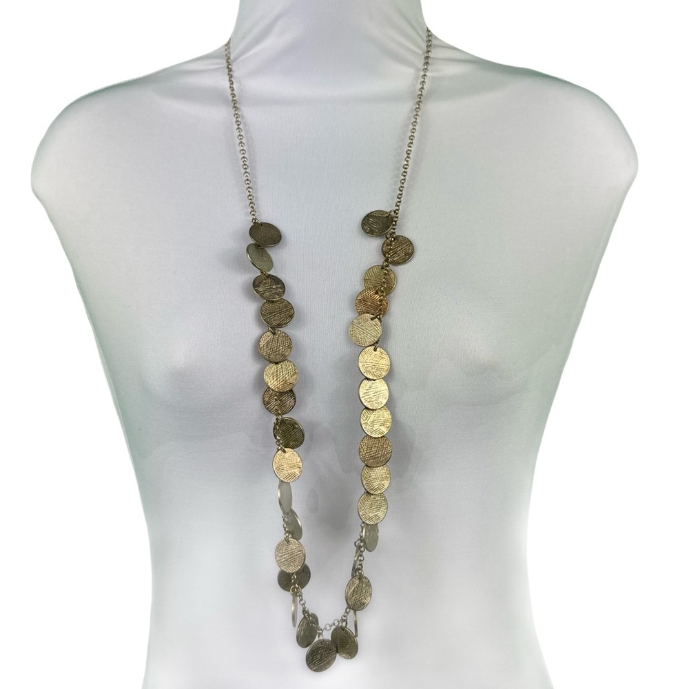 Long gold tone multiple disc coin necklace, adjustable on trend